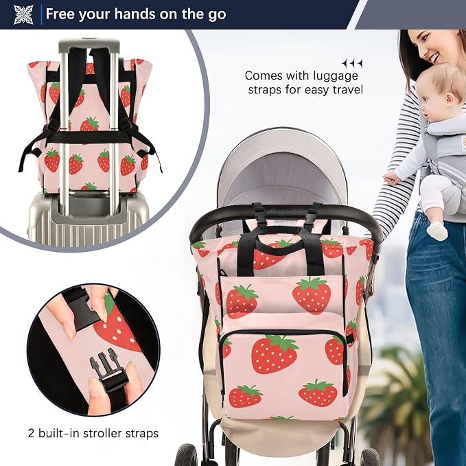 Custom Name Strawberry Simple Pink Diaper Bag for Mom Dad Gift