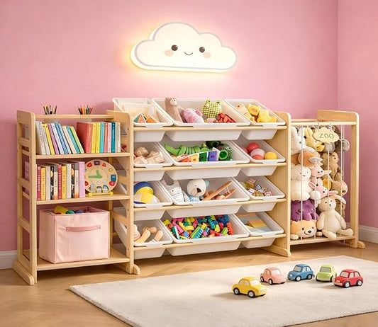 65" Large Toy Storage Organizer with Bins Shelves & Stuffed Animal Storage for Kids Wood Toddler Playroom Organization with Bookshelf Toys Box Wooden Organizers for Kids Room Nursery Bedroom