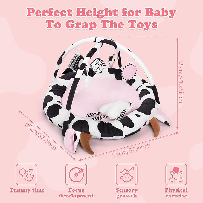 Pink Cow Baby Play Gym & Tummy Time Mat with 6 Sensory Toys - Extra Large Thick Soft Floor Play Mat for Newborn Infants 0-12 Months - Nursery Essential Gift