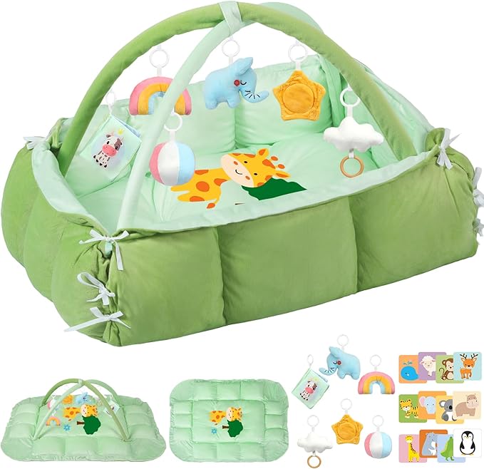 5-in-1 Tummy Time Mat Baby Activity Gym with Cartoon Pattern, Extra Thick Plush Play Floor Mat