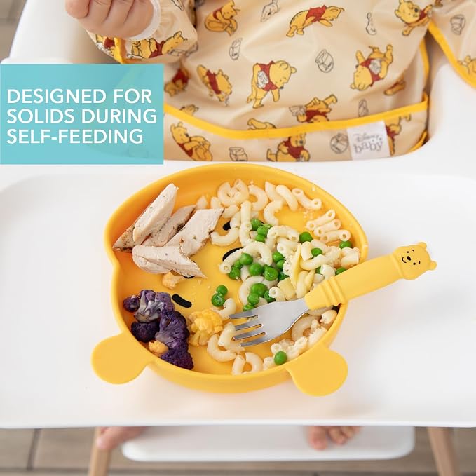 Bumkins Disney Winnie the Pooh - Silicone Grip Dish, Fork & Spoon - For Ages 18 Months+ - Suction Base - 100% Food-Safe Silicone - Freezer, & Dishwasher Safe
