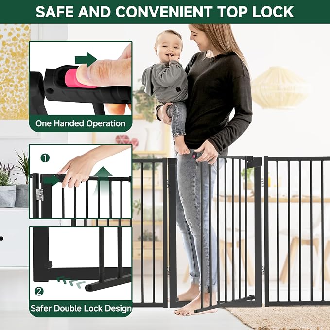 Snagle Paw Full Metal Freestanding Dog Gate with Door, 120” W x 24” H Pet Gate with Support Feet for Doorways, Stairs and Hallways, Portable Dog Fence for Indoor Use(24" 6 Panel, Black)