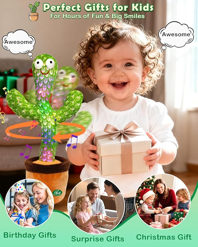 Interactive Baby Toys Dancing Talking Cactus Toy, Singing Musical & Record Repeat What You Say, Funny Gift for Infant 6-18 Months & Toddler 1 2 3 Year Old Boy Girl, Light Up Toy (Volume Control)