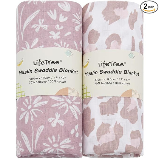 LifeTree Swaddle Blankets Baby Girl, 2-Pack Super Soft 70% Viscose Bamboo and 30% Cotton Muslin Swaddles Blankets (Large 47" x 47"), Mauve Floral & Blush Leopard Pattern, Newborn Baby Registry
