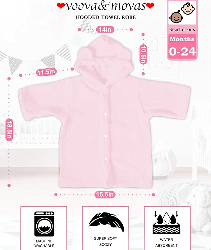 VOOVA & MOVAS Pink Toddler Hooded Towel with Bear Ear | 100% Cotton, Ultra-Soft & Absorbent Baby Bath Robe | Gentle for Sensitive Skin, Lightweight for Bath, Pool & Beach, 0-24Months