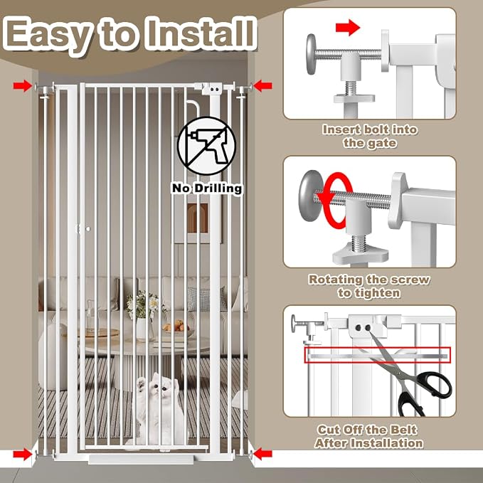 57" Extra Tall Cat Gate for Doorways, 29.5"-38.5" Tall Pet Gates for Cats Walk Through, Auto Close High Baby Gates with Door, Child Safety Gate Indoor Stairs, Cat Proof Gate for Dogs, White