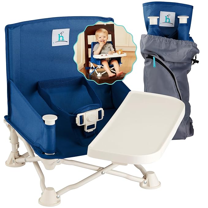 Hiccapop OmniBoost Travel Booster Seat with Tray for Baby | Folding Portable Baby Booster Seat for Dining Table, Camping, Beach, Grandma?™s | Tip-Free Design Straps to Kitchen Chairs - Booster Chair