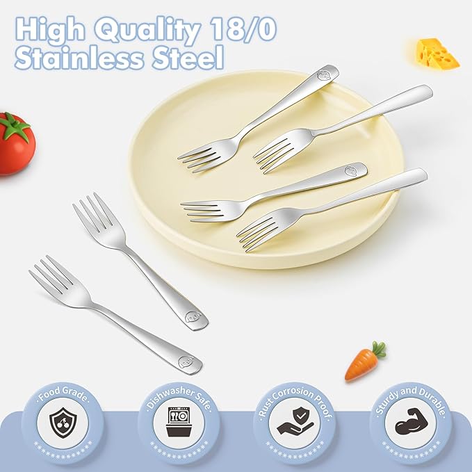 DRKIO Stainless Steel Toddler Forks Set - 6 Pieces Kids Forks Set Children Safe Food Grade Kids Silverware Small Forks Metal Toddler Utensils Dishwasher Safe Mirror Polished
