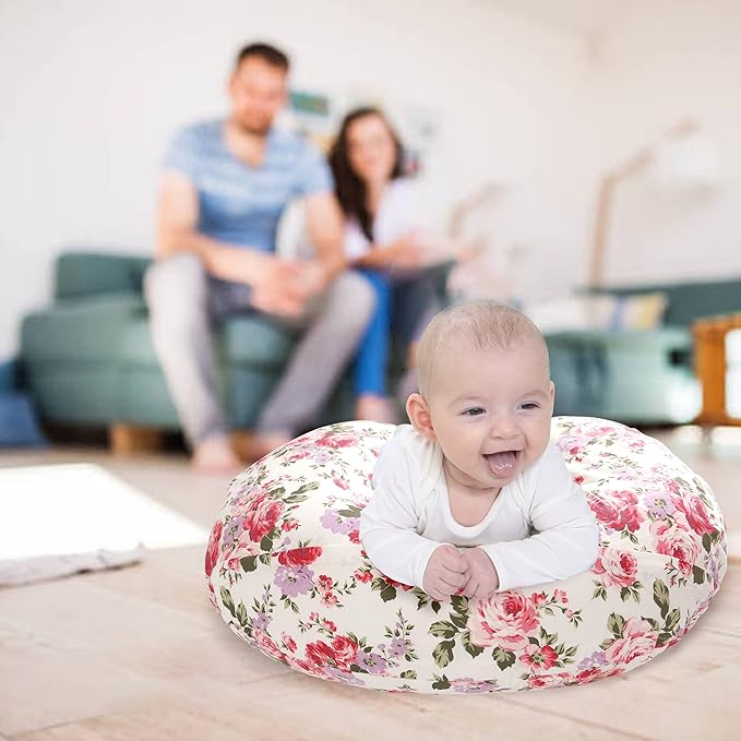 LAT Nursing Pillow for Breastfeeding,100% Cotton Removable Cover,Ergonomic Breast Feeding Pillows for Mom and Baby,Machine Washable(Flower)