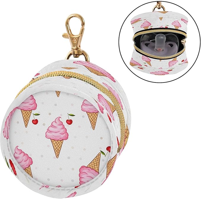 Pink Ice Cream Pacifier Holder Case with Clip Portable Small Travel Pacifier Pouch for Mom Bag Zipper Coin Purse Pendant