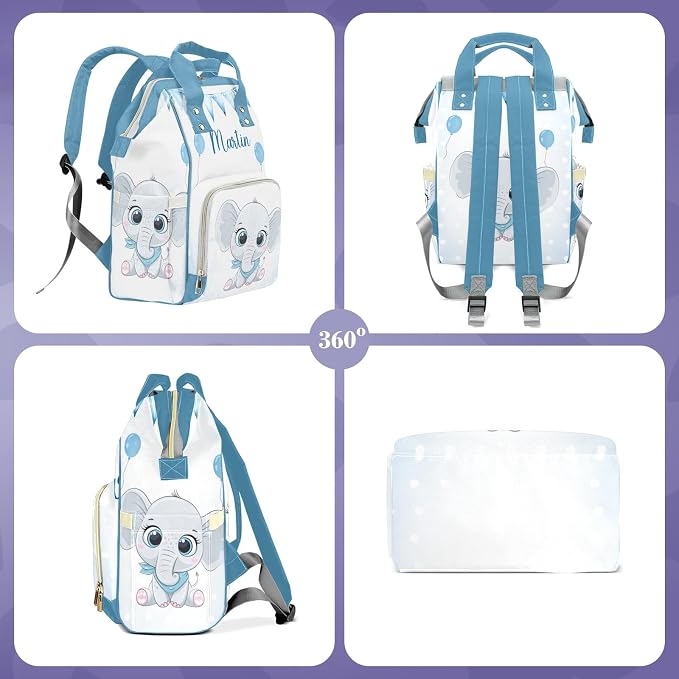 Cute Elephant Large Personalized Diaper Bag Backpack for Baby Boy with Name, Thermal Pockets, Waterproof Custom Baby Bags for Boys, Multi-functional Customized Nappy Bag Mom Travel Daypack