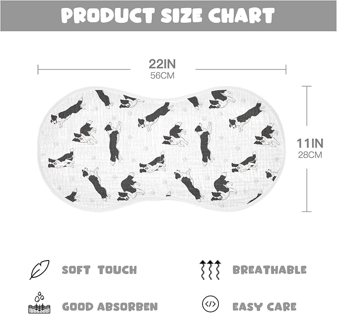 4 Pack Muslin Burp Cloths Collie Dog Paw White Cotton Baby Burp Cloths Extra Absorbent and Soft Burping Cloth for Newborn Babies Boys Girls 22x11 Inch