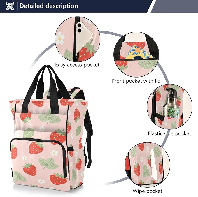 Custom Name Strawberry Flower Big Leaves Diaper Bag Stroller Straps Gift Mom Dad