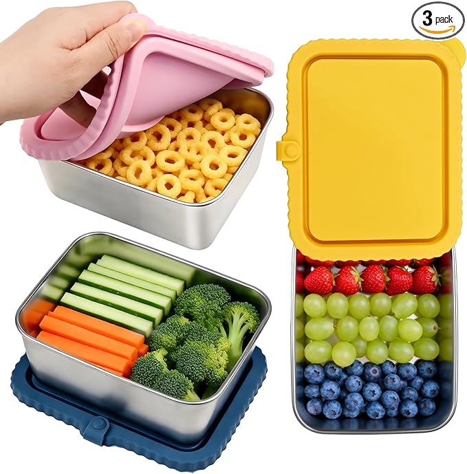 3 Pack Large Stainless Steel Snack Containers, 20oz Reusable Stainless Steel Food Containers with Silicone Lids for Meal Prep, Leakproof Metal Bento Lunch Box for Daycare, Travel, Office, Camping