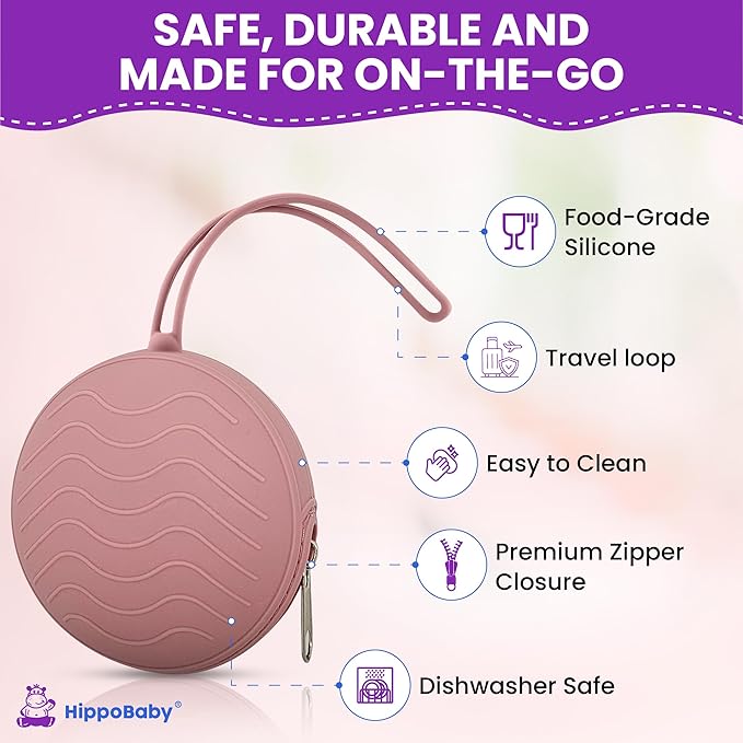 HippoBaby Silicone Pacifier Holder Case 2-Pack ??BPA-Free, Food-Grade Silicone ??Zippered Travel Pacifier Organizer ??Portable Baby Case for Pacifiers, Teethers & Essentials ??Dishwasher Safe