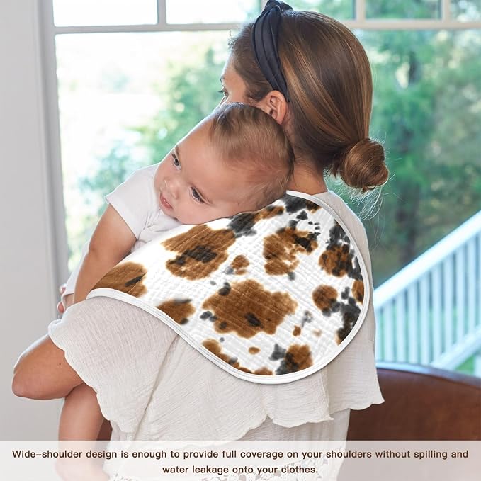 Muslin Burp Cloths for Baby Boys and Girls - 1-Pack Ultra Absorbent Black and Brown Cow Print Muslin Washcloths, Newborn Towel, Milk Spit Up Rags, Burp Cloth Bib for Unisex, 22 x 11 Inch