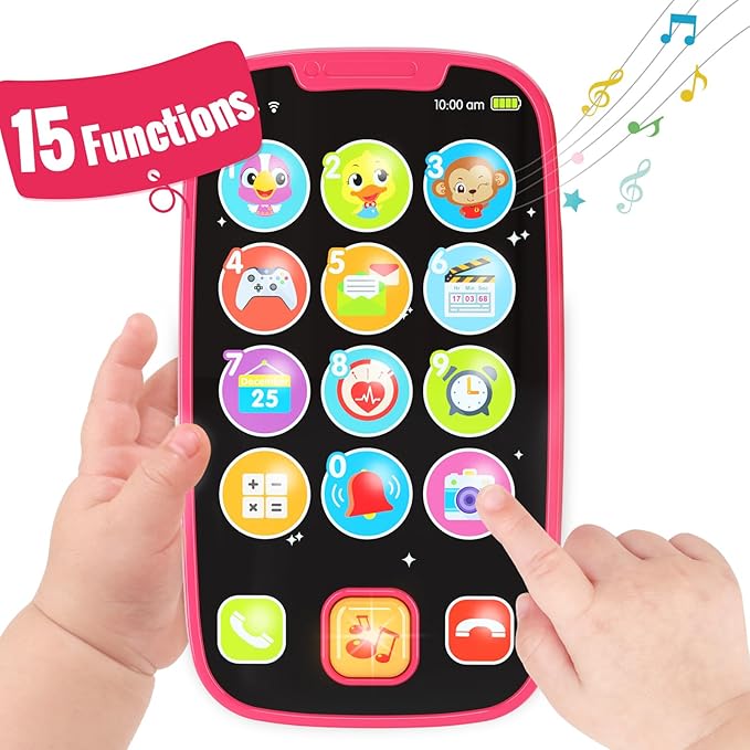 BABYFUNY Toys for 1 Year Old Girl Gifts, 15 Functions Phone Toddler Girl, Learning Baby Toys 12-18 Months, Kids Cell Phone Easter Basket Stuffers - Pink
