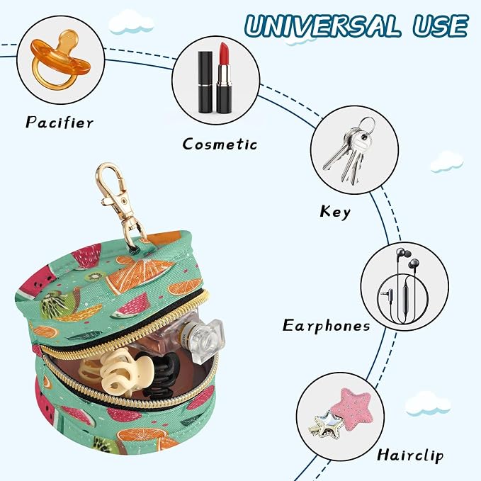 Pacifier Holder with Clip Pacifier Case for Diaper Bag Round Baby Pacifier Pouch Box Bag Portable Summer Fruits Turquoise