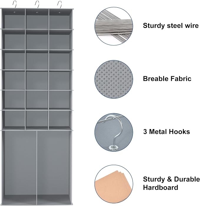Hanging Shoe Rack for Closet,18+2 Sections Hanging Shoe Closet Organizers and Storage with 10 Side Mesh Pockets,Space-Saving Shoe Storage & Holder,Grey