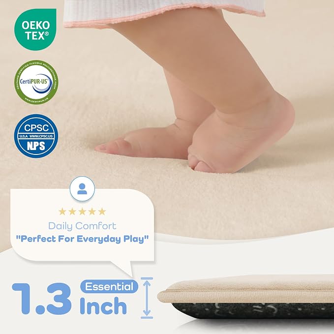 1.3" Thick Baby Bedside Floor Mat for Bedroom, Basic Padded Foam Soft Plush 28x72 Runner Rug with Non Slip Cushioned for Nursery Playroom (Beige)
