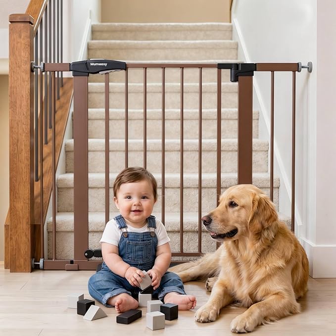 Baby Gate with Door, 26-40" Auto Close Dog Gate Indoor for Stairs Doorways, Easy Install Pressure Mounted Pet Gate, Easy Walk Through Child Safety Gate for the House, Brown