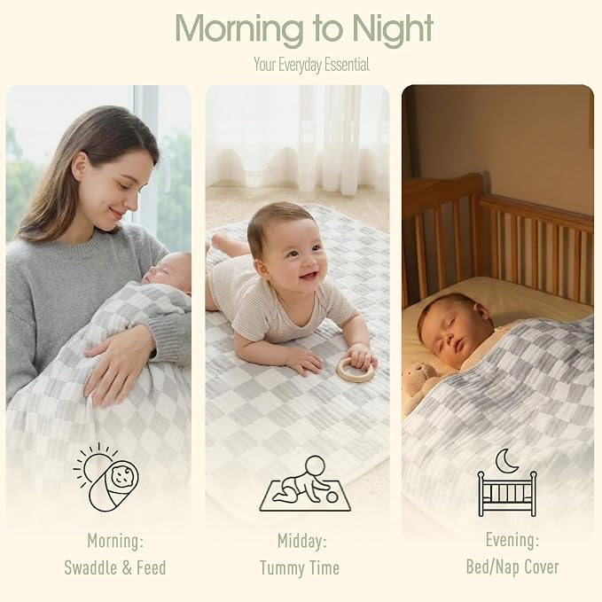 6-Layer Muslin Baby Blanket Made with Organic Cotton - Classic Neutral Checkered, Swaddle & Crib Quilt, 43”x43”,Grey Checkered