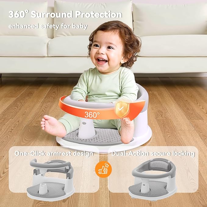 Baby Bath Seat for Babies 6 Months & Up - 360° Protection Baby Bath Chair with Temperature Alert & Cushion | Non-Slip Toddler Bathtub Seat | Newborn Infant Bath Tub Seats for Babies Sitting Up (Grey)
