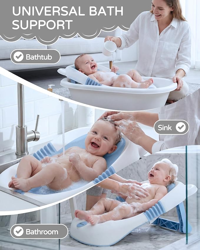 ISELECTOR Baby Bath Support Foldable Baby Bathtub Bath Tub for Newborn Infant Baby Bath Seat with Non-Slip Suction Cup 0-6 Months Infant Essentials Must Haves Ideal for Newborn Gifts (Blue)