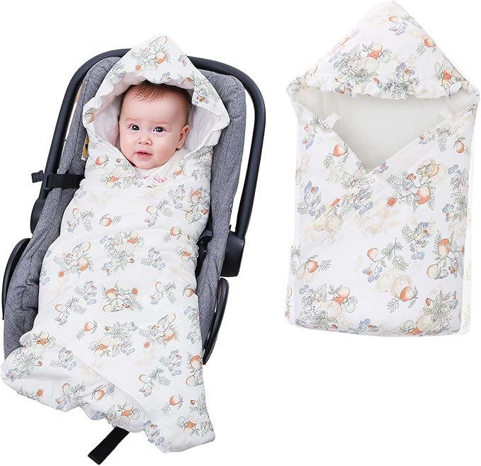 LAT LEE AND TOWN Winter Baby Car Seat Blanket for Newborn,35"x35"Universal Baby Wrap Blanket with Ruffle Hood,Winter Thickening Double Sided Cotton for Infants,Blankets for Stroller(Rabbit Fruits)