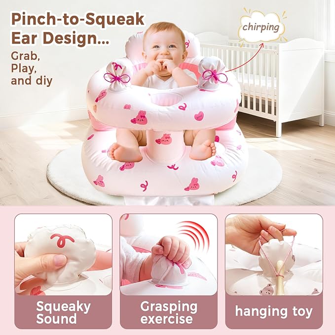 Inflatable Baby Seat for Babies 3-36 Monthsï¼?Squeaky Sound & Anti-Fall Design] Inflatable Chair with Sound-Making Ears, Baby Seat for Sitting-Up Practice, Built-in Air Pump (Pink Bunny)