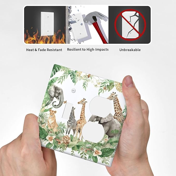 Tropical Leves Safari Animals Giraffe Elephant Zoo Wallplates 1 Toggle 1 Duplex Switch Plate Electrical GFCI Faceplate Decorative Light Switch Covers for Kids Room Nursery Decor