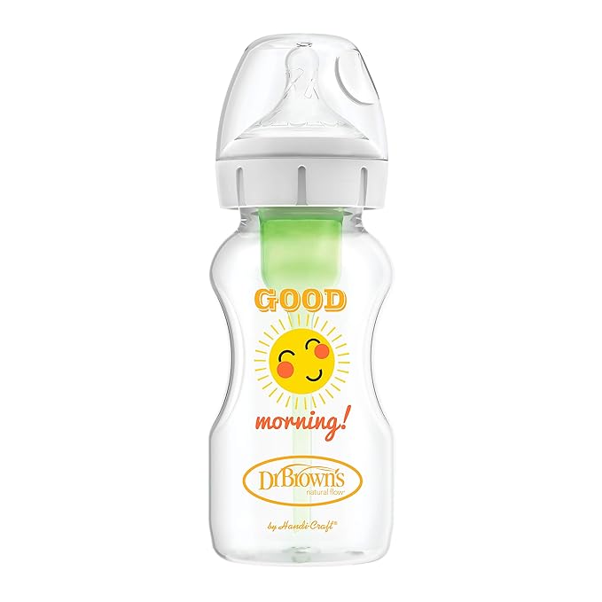 Dr. Brown's Natural Flow Anti-Colic Options+ Wide-Neck Baby Bottles, 9 oz/270 mL, with Level 1 Slow Flow Nipple, 4 Pack Good Morning/Good Night Gift Set