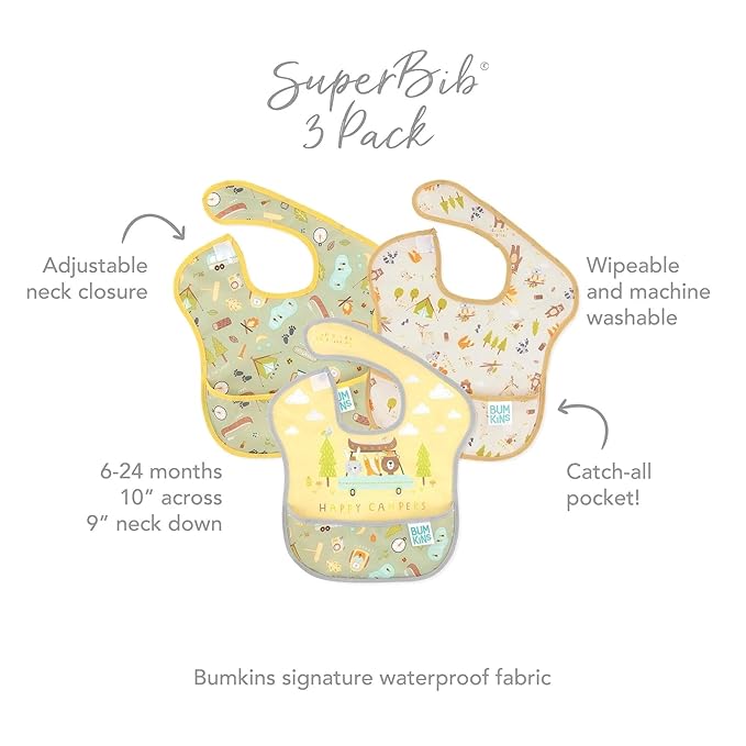 Bumkins Bibs for Girl or Boy, SuperBib Baby and Toddler 6-24 Months, Essential Must Have for Eating, Feeding, Baby Led Weaning Supplies, Mess Saving Catch Food, Waterproof Fabric 3-pk Happy Campers