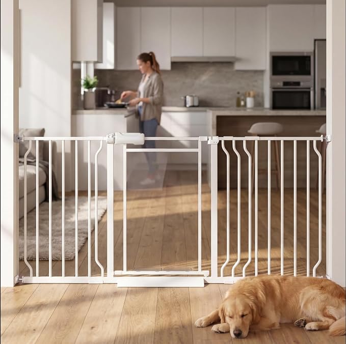 Triple-Lock Acrylic Extra Wide Baby Gate 57.5"-65.74", Crystal Clear Transparent Pet Gate for Dogs, Heavy Duty Metal Gate for Doorways, Pressure Mount Child Safety Barrier, Auto Close, White