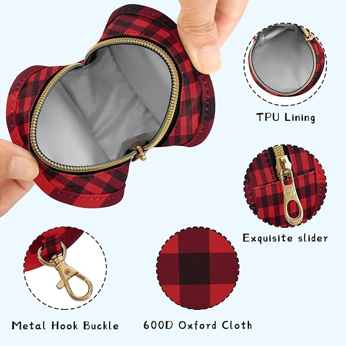Pacifier Holder with Clip Pacifier Case for Diaper Bag Round Baby Pacifier Pouch Box Bag Portable Red and Black Buffalo Plaid