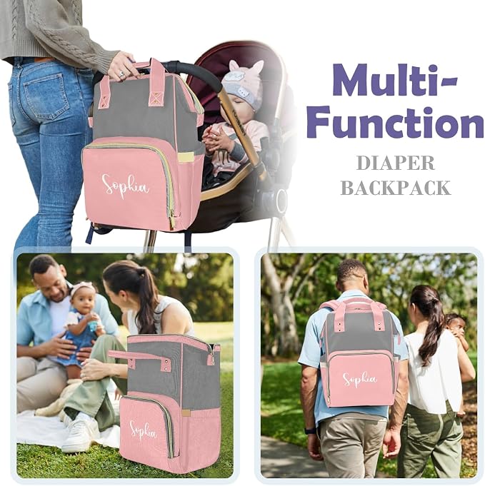 Custom Diaper Bag with Name Personalized Multifunctional Mommy Backpack for Daughter Granddaughter, Pink Daypack Bag for Travel