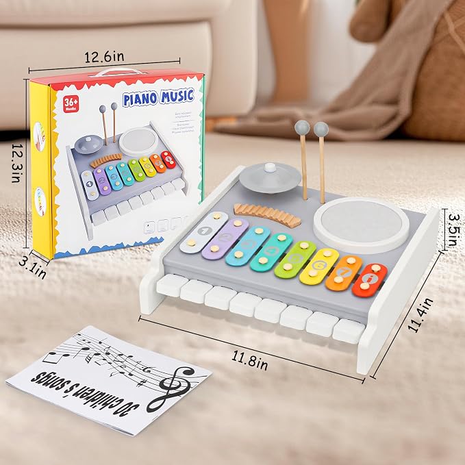 Kids Musical Instruments Piano Drum Set - 5 in 1 Montessori Toys for Toddler Baby, Wooden Music Kit with Piano Keyboard Xylophone, Preschool Educational Sensory Toys, Gifts for Boys Girls