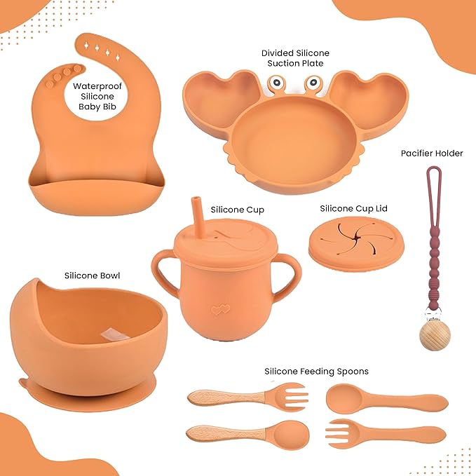 Silicone Baby Feeding & Weaning Set ??Food-Grade Baby Led Weaning Supplies with Suction Plate, Bowl, Bib, Sippy Cup & Soft Spoon Fork ??Dishwasher & Microwave Safe (Brown)