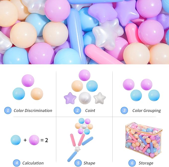 Ball Pit Balls for Toddlers 1-3, 500pcs Crush Proof Plastic Balls for Girls Ball Pit, BPA Free Non-Toxic Play Balls for Baby Pool, Playhouse, Tent, for Dogs & Pets, 3 Shapes, Blue Purple Pink