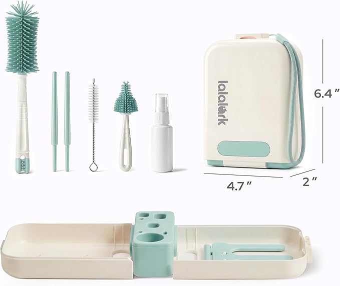 lalalark 7-in-1 Baby Bottle Brush Set, BPA Free Silicone Baby Bottle Cleaning Kit with No Scratch Dual-Headed Brush, Nipple Brush,Soap Dispenser & Drying Rack,Travel Cleaner Set with Storage Case,Mint