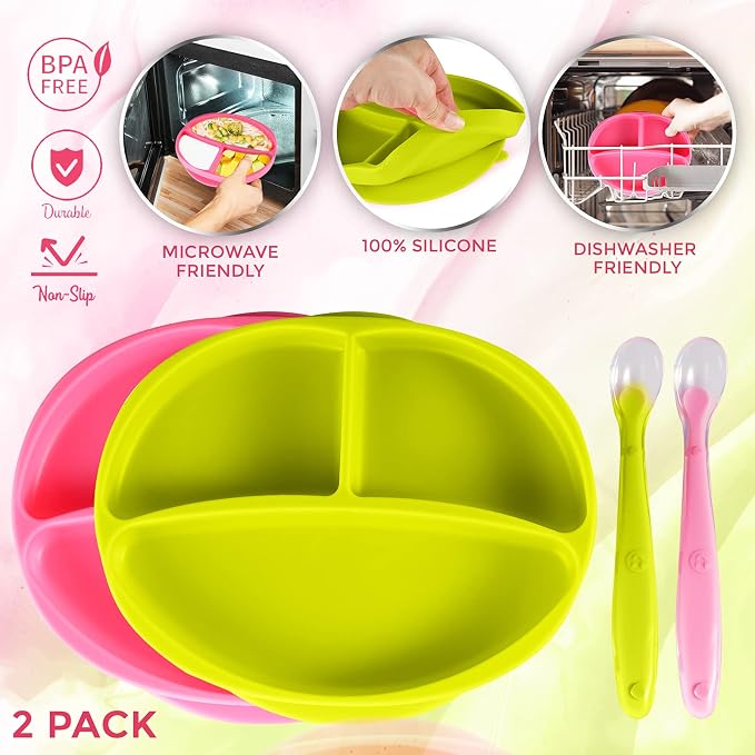 Sperric Silicone Suction Plate for Baby - 100% Food Grade Silicone Divided Plate | Toddler Self Feeding Training Suction Plate Set | BPA-Free, Microwave Dishwasher Safe Stay Put Plates (Green & Pink)