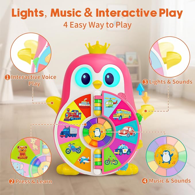 Musical Interactive Penguin Toys for 1 Year Old Girl Gifts ,Bilingual Educational Toy for Toddler 1-3 with 5 Themes&50 Words,Spin Lights & Sounds,First Birthday Gift for One Year Old Girls