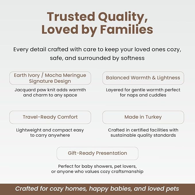 100% Organic Cotton Pet Blanket 30 x 38 in – Plush Double Layer Sherpa, Amber Glow Paw Jacquard Knit, Cozy Throw for Small Dogs, Cats & Baby – Earth Ivory/Mocha Meringue