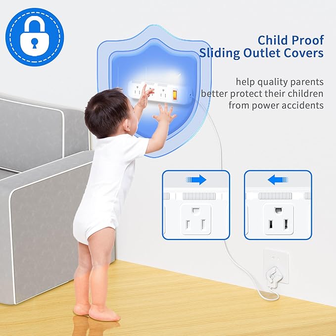 Flat Plug Power Strip Surge Protector 3 Outlets, Extension Cord 3 ft 3 Prong, 300J, 10A/1250W, Overload Protection Switch, Plug Strip for Home Office, Child Safety Slide Outlet Covers, SGS Approved