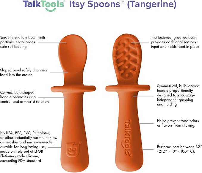 TalkTools ITSY Tiny Silicone Spoons ??Twin Pack Soft Silicone Self-Feeding Training Spoons for Kids & Toddlers, Anti-Choking Flange Guard and Non-Slip Handle (Tangerine)