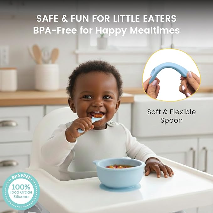 Lulyboo Silicone Bear Suction Bowl & Spoon Set for Babies & Toddlers - Food Grade, Non-Toxic Silicone, Anti-Spill Design, Self-Feeding Utensils, Durable & Dishwasher Safe, Ideal for First Mealtime