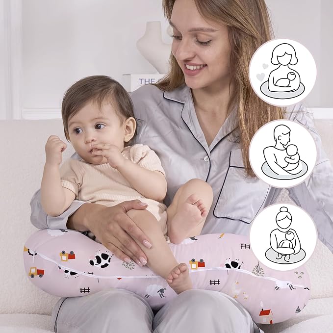 Little Grape Land Nursing Pillow for Breastfeeding, Soft and Supportive Breastfeeding Pillow for Mom and Baby, Cute Feeding Pillow with Removable Cover for 0–12 Months, Pink Ranch