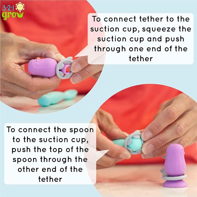 • Easy Learn Baby Spoon & Tether Set • Baby Spoon with Tether for Babies and Toddlers • Keeps Spoon Off Floor • Ages 6 mo+ • Dishwasher Safe (Bear, Plum)