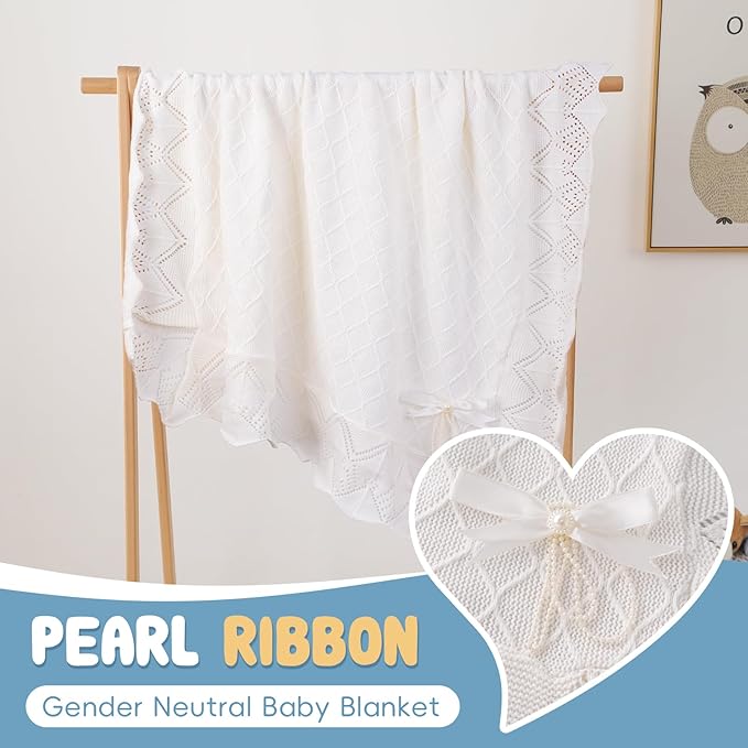Booulfi Knit White Baby Blankets Neutral,Crib Stroller Newborn Blankets for Boys Girls,Cotton Lace Crochet Winter Blanket Nursery Blanket New Baby Essentials, 38X39