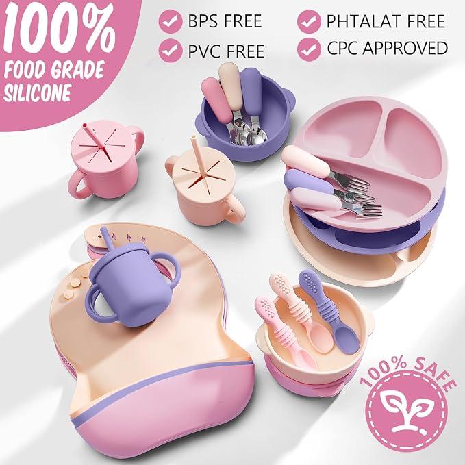 Yinder 24 Pack Silicone Baby Feeding Set Baby Led Weaning Essentials Suction Divided Plate Bowl Spoon Fork Adjustable Bib Snack Cup Straw for 6+ Months(Purple, Pink, Nude)